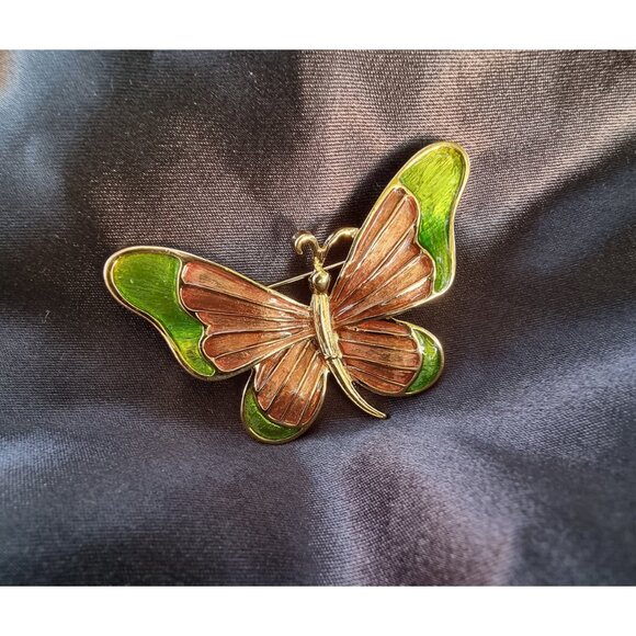Vintage MFA Museum of Fine Arts Signed Enamel Green and Brown Butterfly Brooch P - Picture 7 of 7